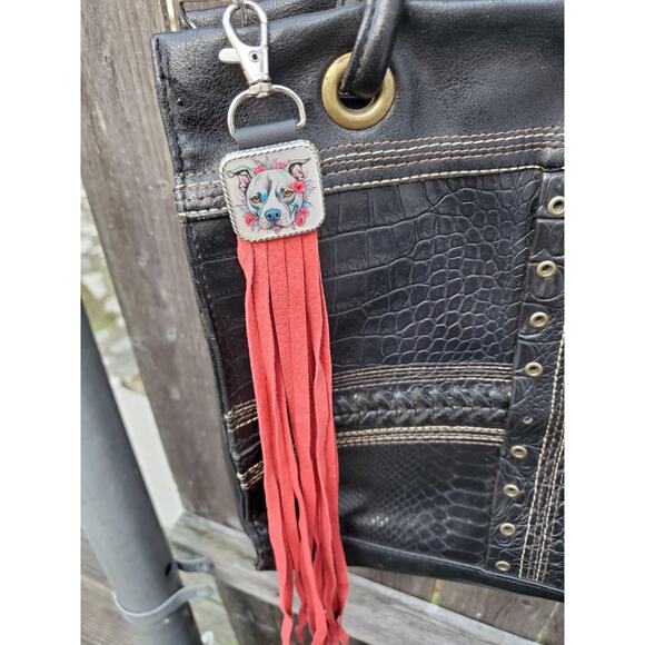 Handmade boho Pitbull lover Leather Fringe Western bag charm Long keychain - Picture 3 of 3